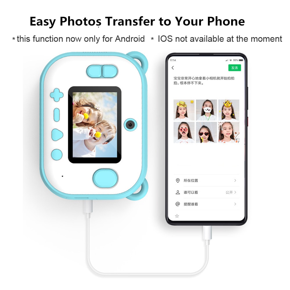 可爱的高清儿童即时热敏打印机相机双镜头，带LED闪光灯IPS屏幕视频儿童