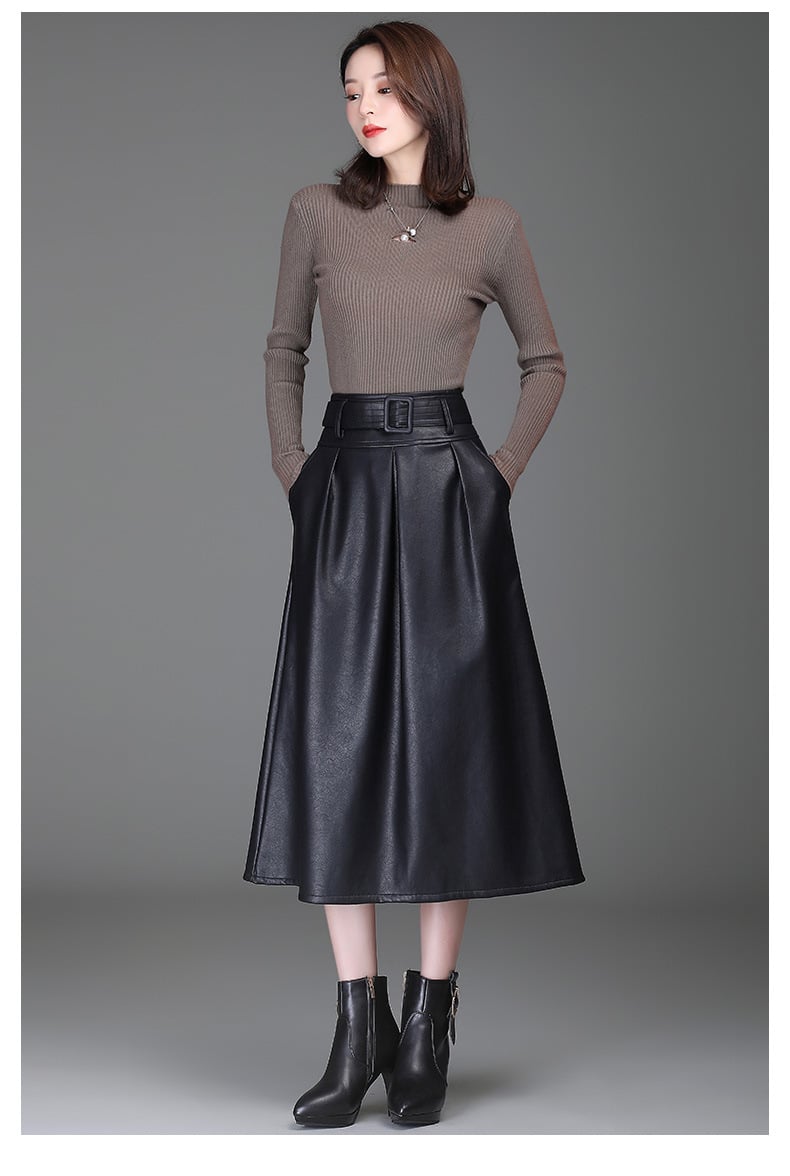 High-waist Western PU Leather Skirt - Coffee