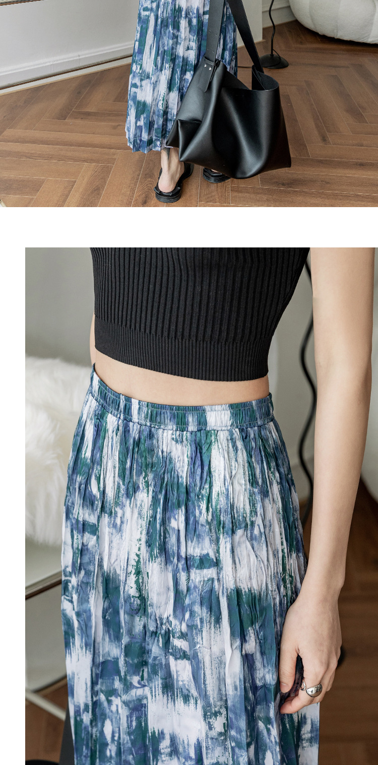 Acetate Print Pleated Skirt Hem Slit Skirt Image 1