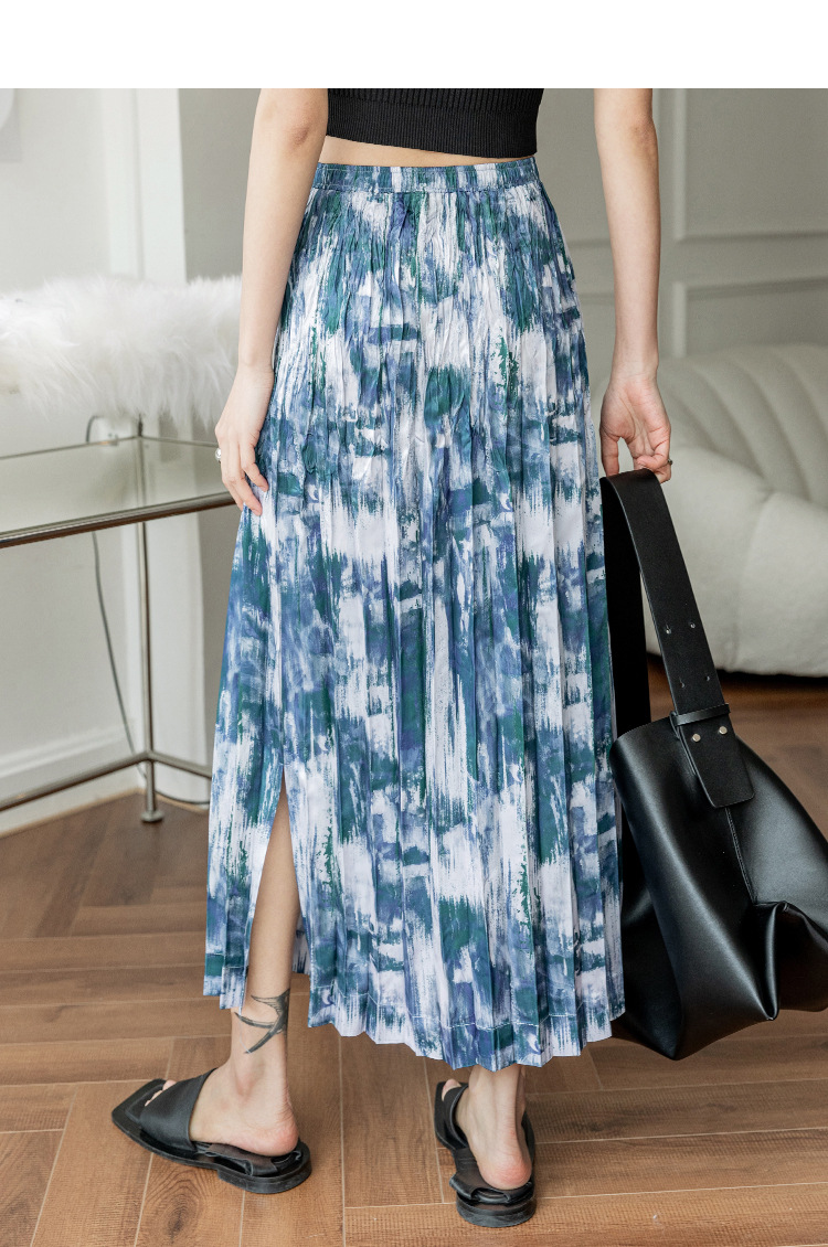 Acetate Print Pleated Skirt Hem Slit Skirt Image 2