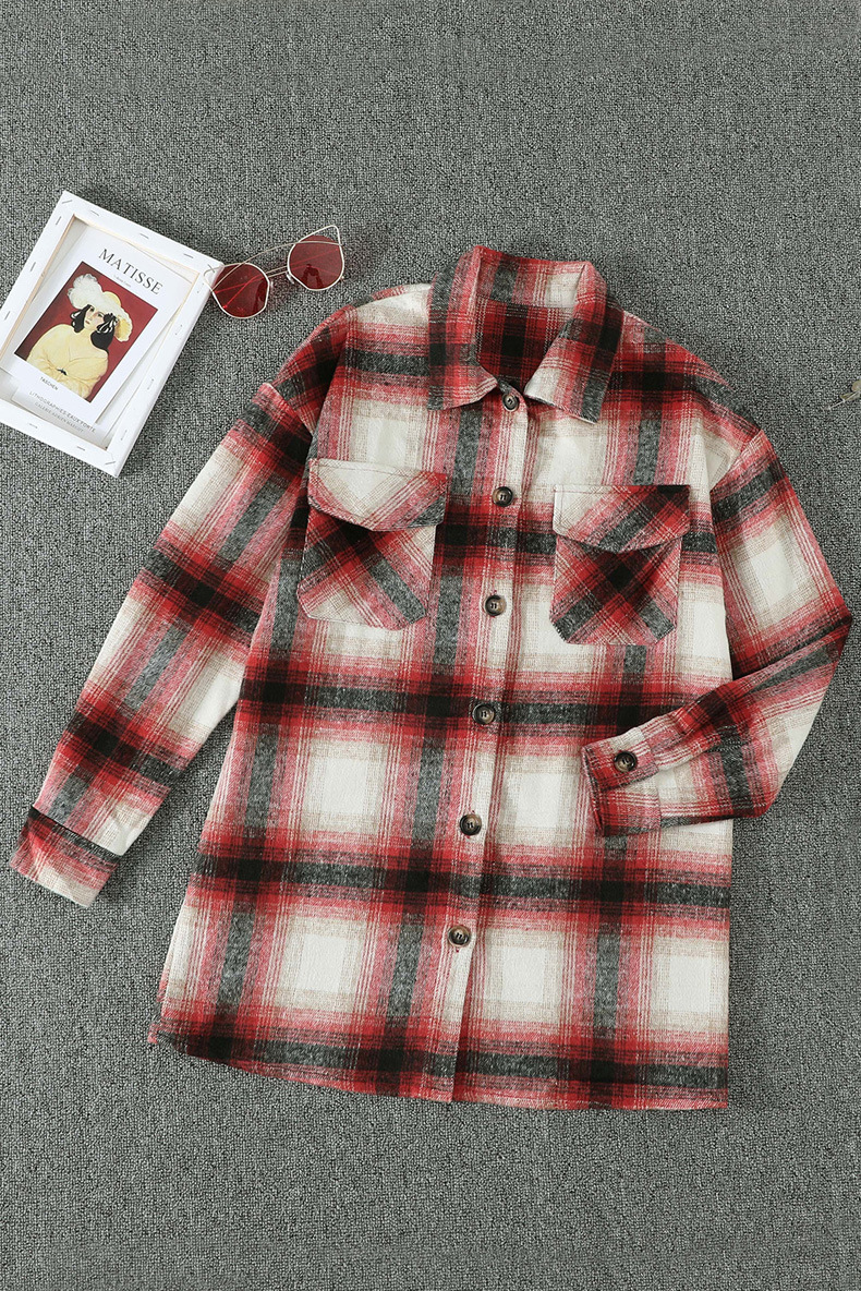 Plaid Stitching Lapel Long Sleeve Shirt - Style 1