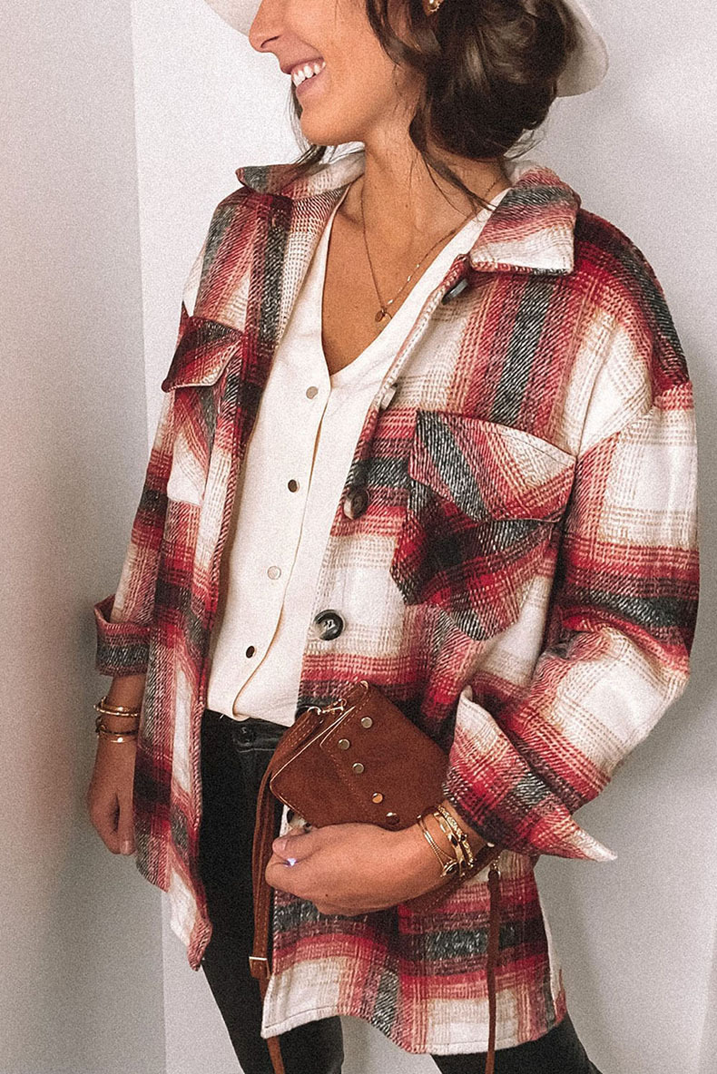 Plaid Stitching Lapel Long Sleeve Shirt - Style 3