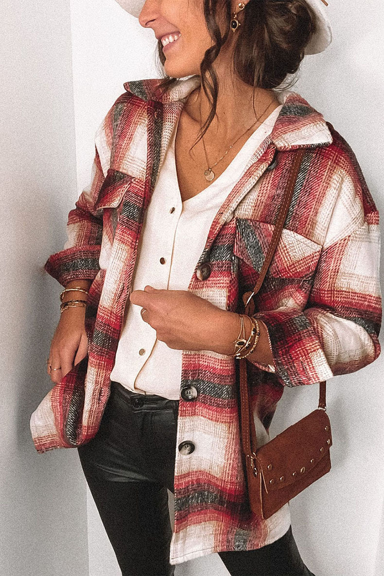 Plaid Stitching Lapel Long Sleeve Shirt - Style 4
