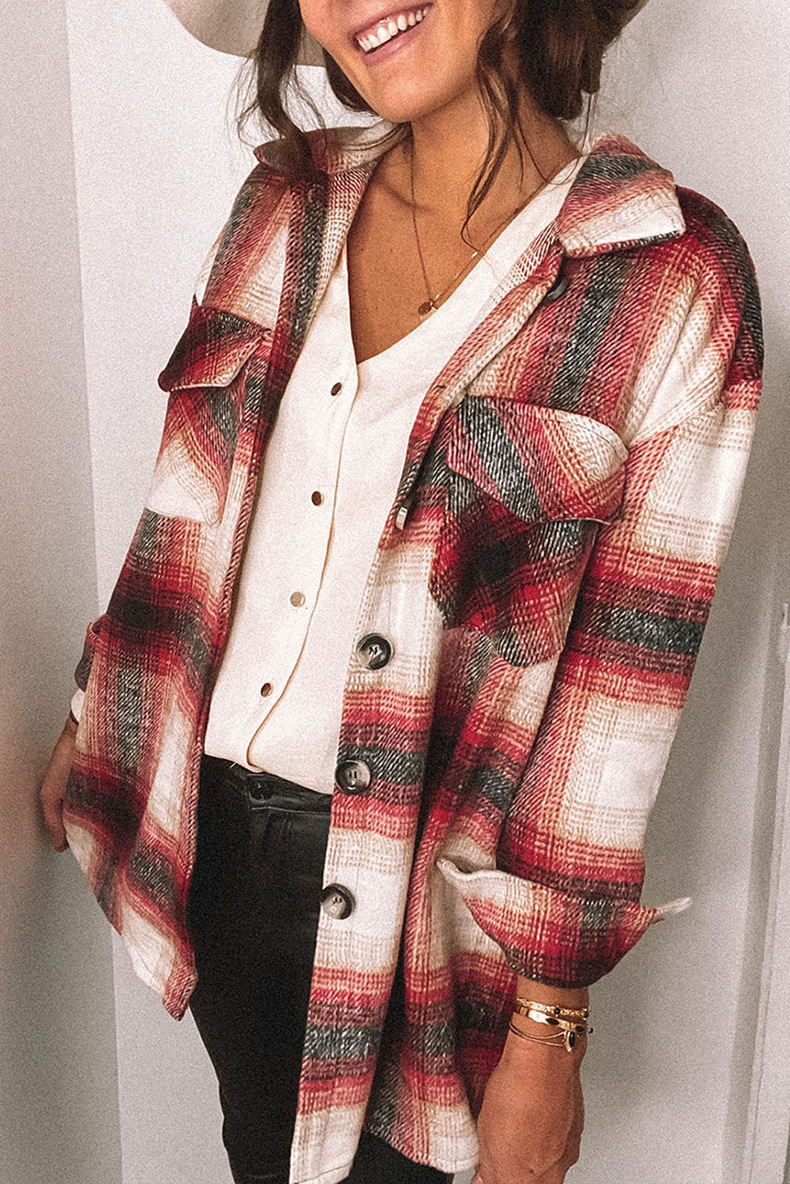 Plaid Stitching Lapel Long Sleeve Shirt - Style 5
