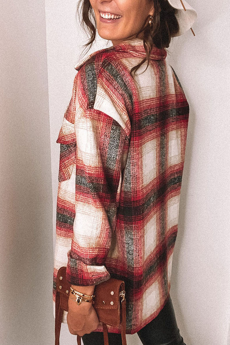 Plaid Stitching Lapel Long Sleeve Shirt - Style 6