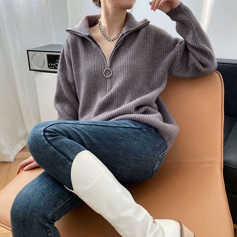 High Neck Zipper Lazy Loose Pullover Sweater Image 1