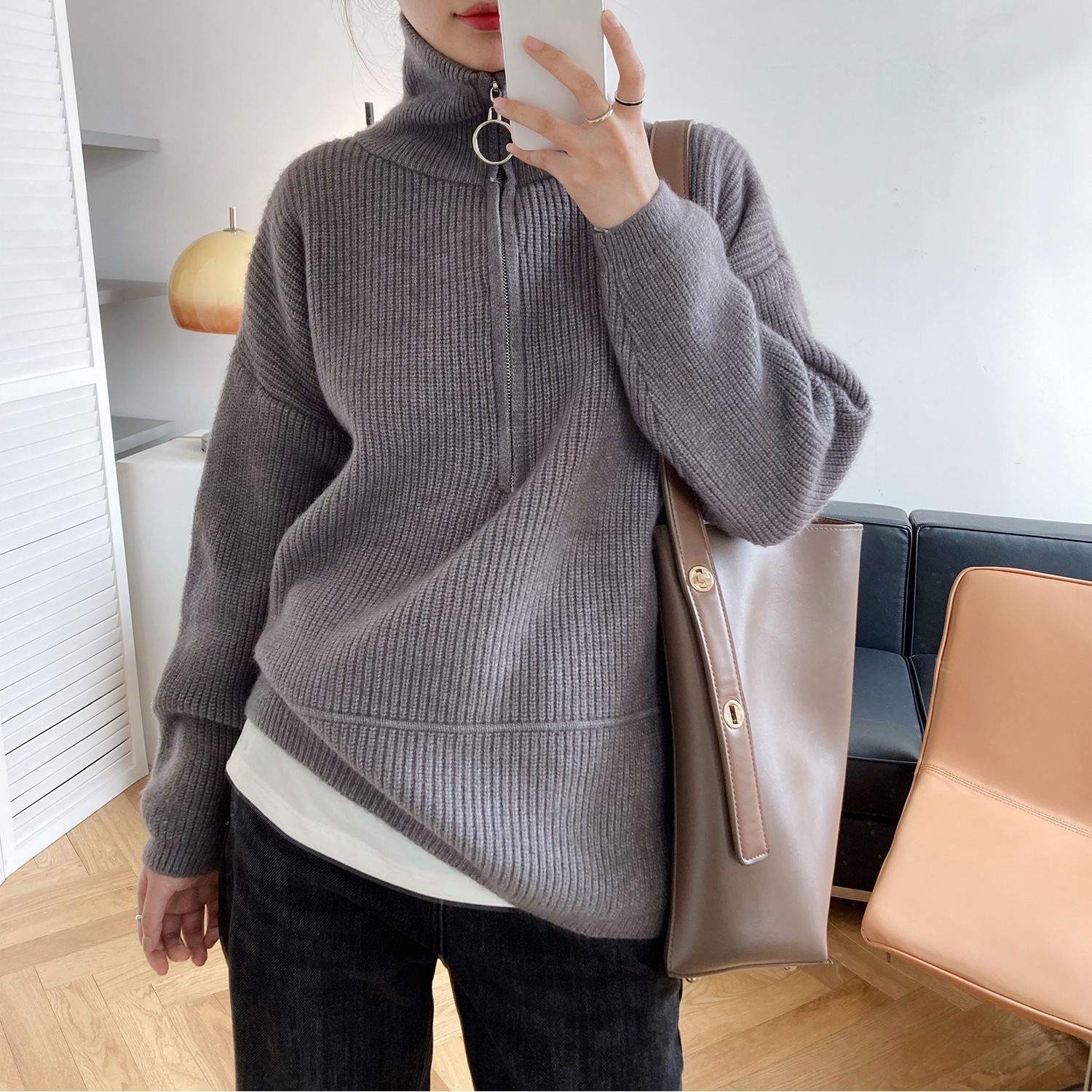 High Neck Zipper Lazy Loose Pullover Sweater Image 2