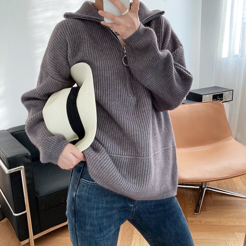 High Neck Zipper Lazy Loose Pullover Sweater Image 3
