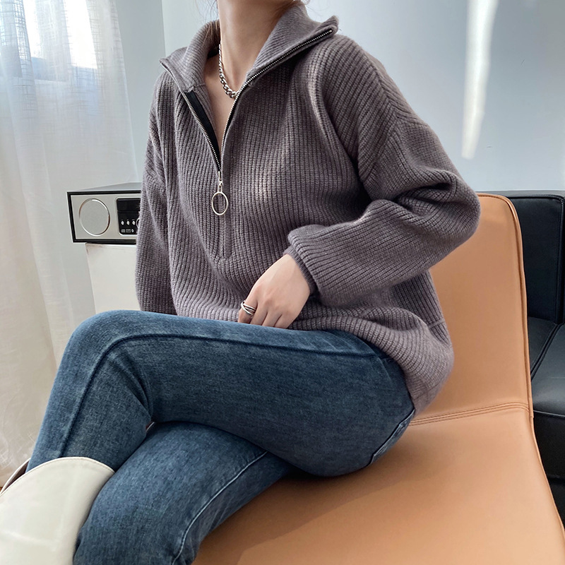 High Neck Zipper Lazy Loose Pullover Sweater Image 6