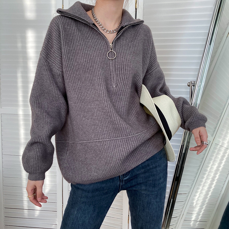 High Neck Zipper Lazy Loose Pullover Sweater Image 7