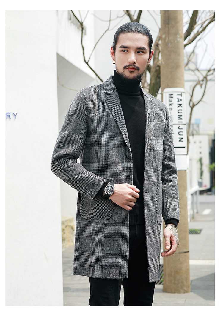 Houndstooth Reversible Men's Plaid Woolen Coat