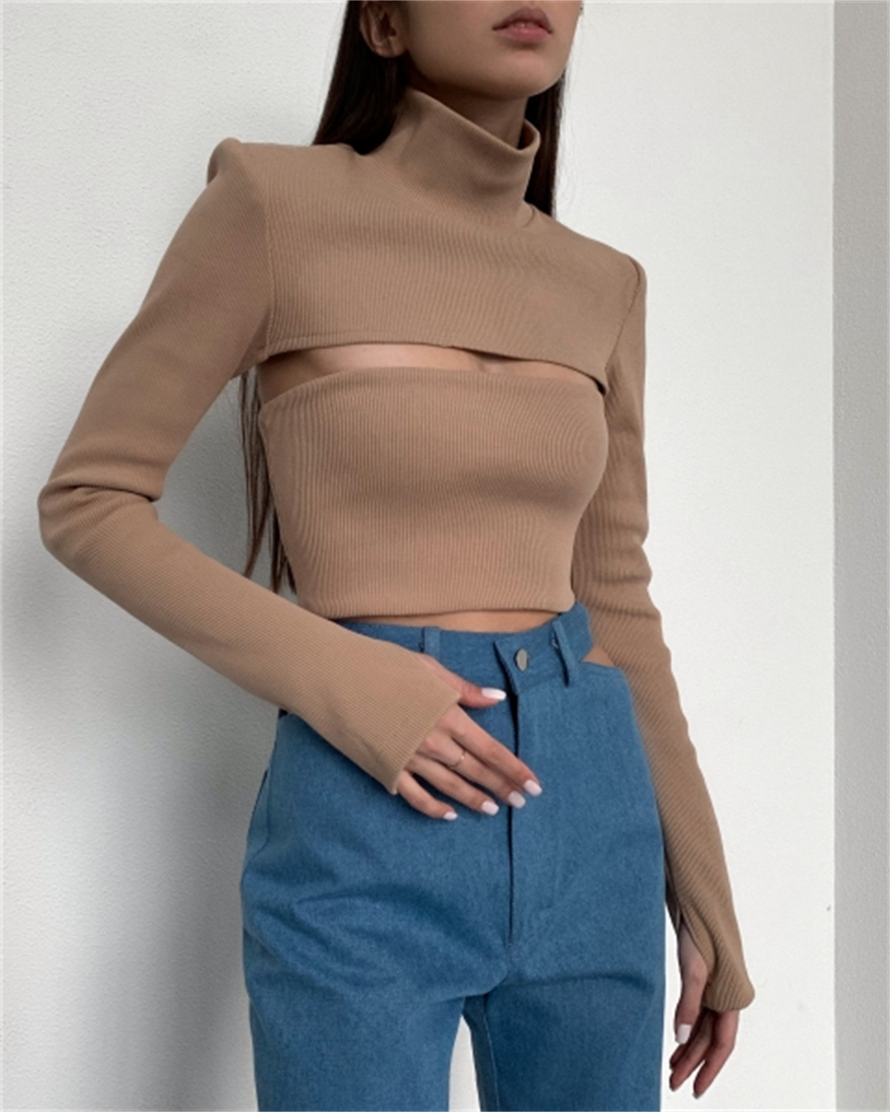 Hollow High-neck Ribbed Sweater Image 2