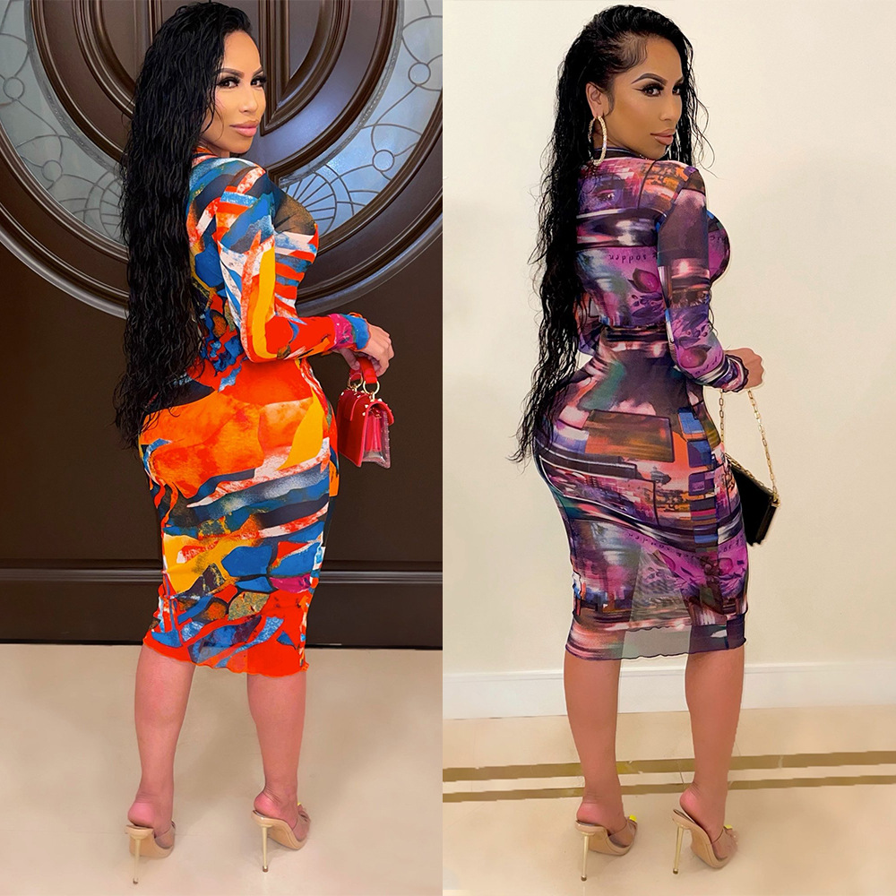 Women's Fashion Mesh Long-sleeved Dress Image 6