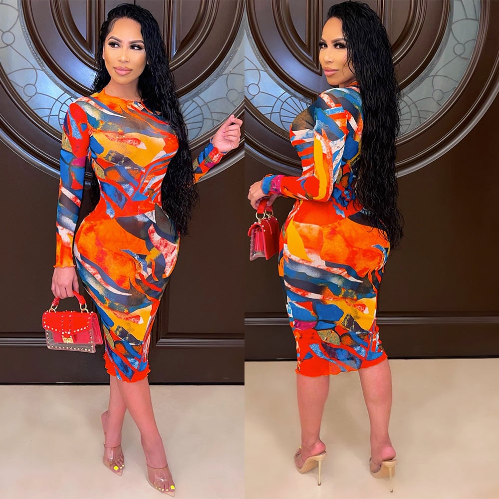 Women's Fashion Mesh Long-sleeved Dress Image 7