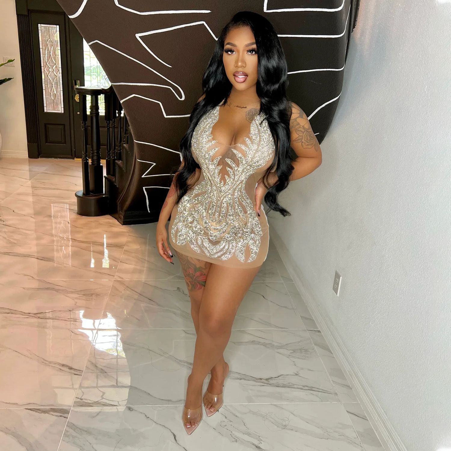 Women's Mesh Hot Drilling See-through Dress Image 5