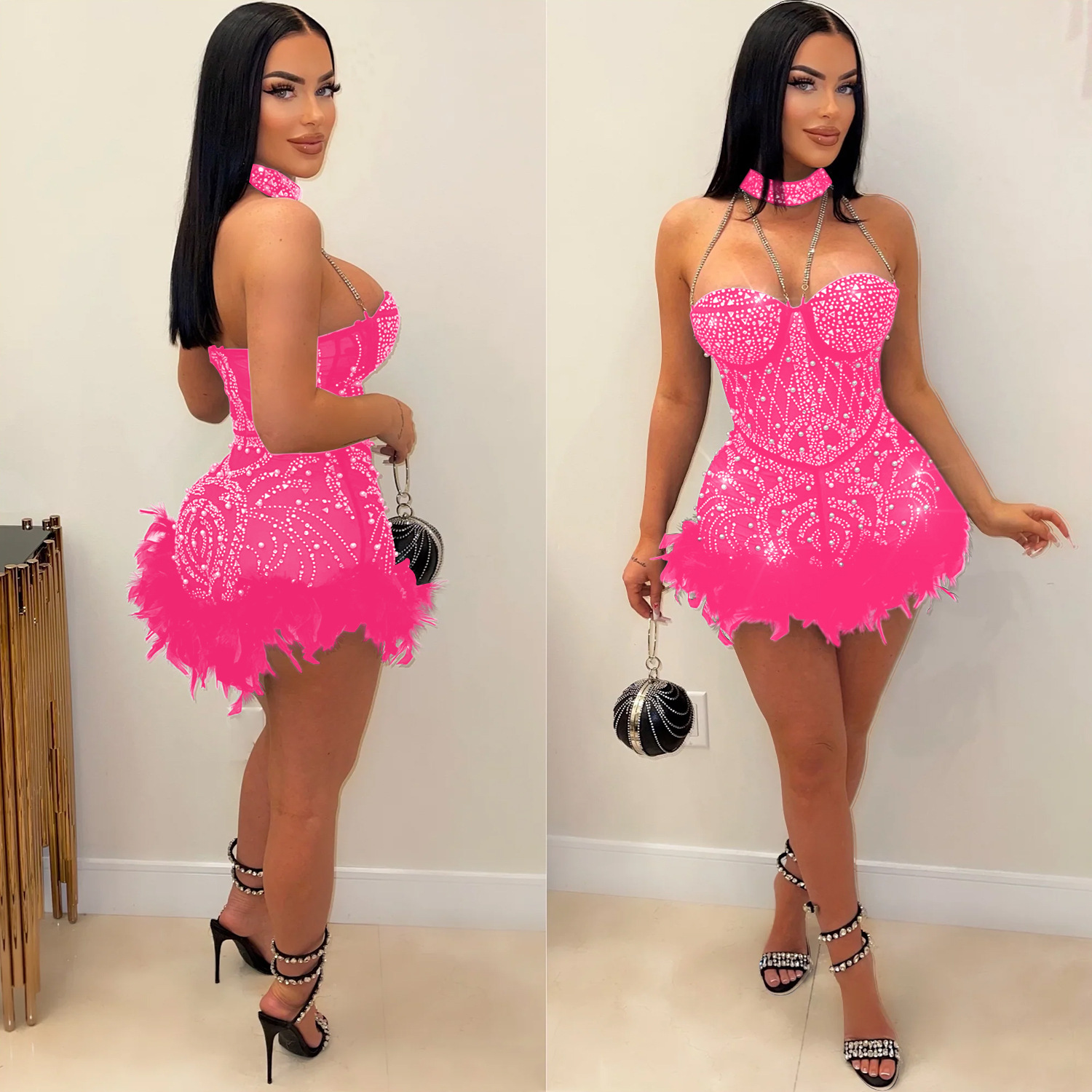 Mesh See-through Nightclub Jumpsuit Feather - Image 5