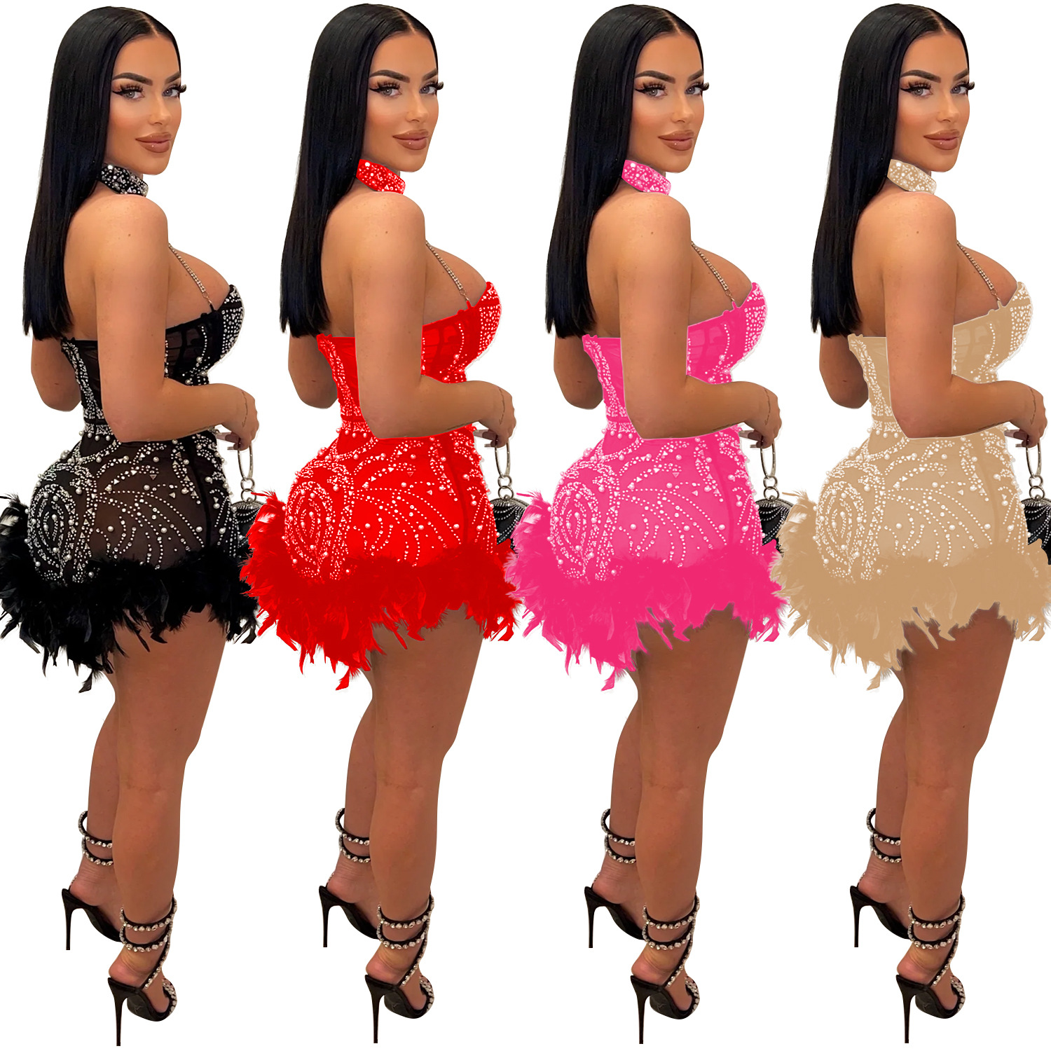 Mesh See-through Nightclub Jumpsuit Feather - Image 6