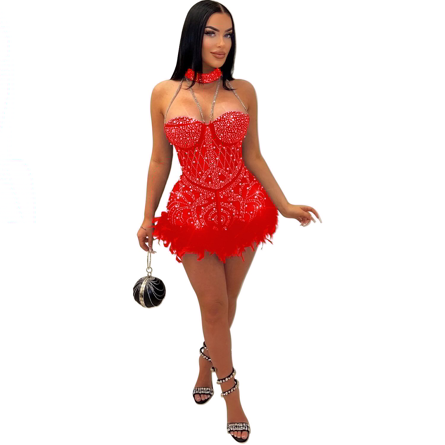 Mesh See-through Nightclub Jumpsuit Feather - Image 8