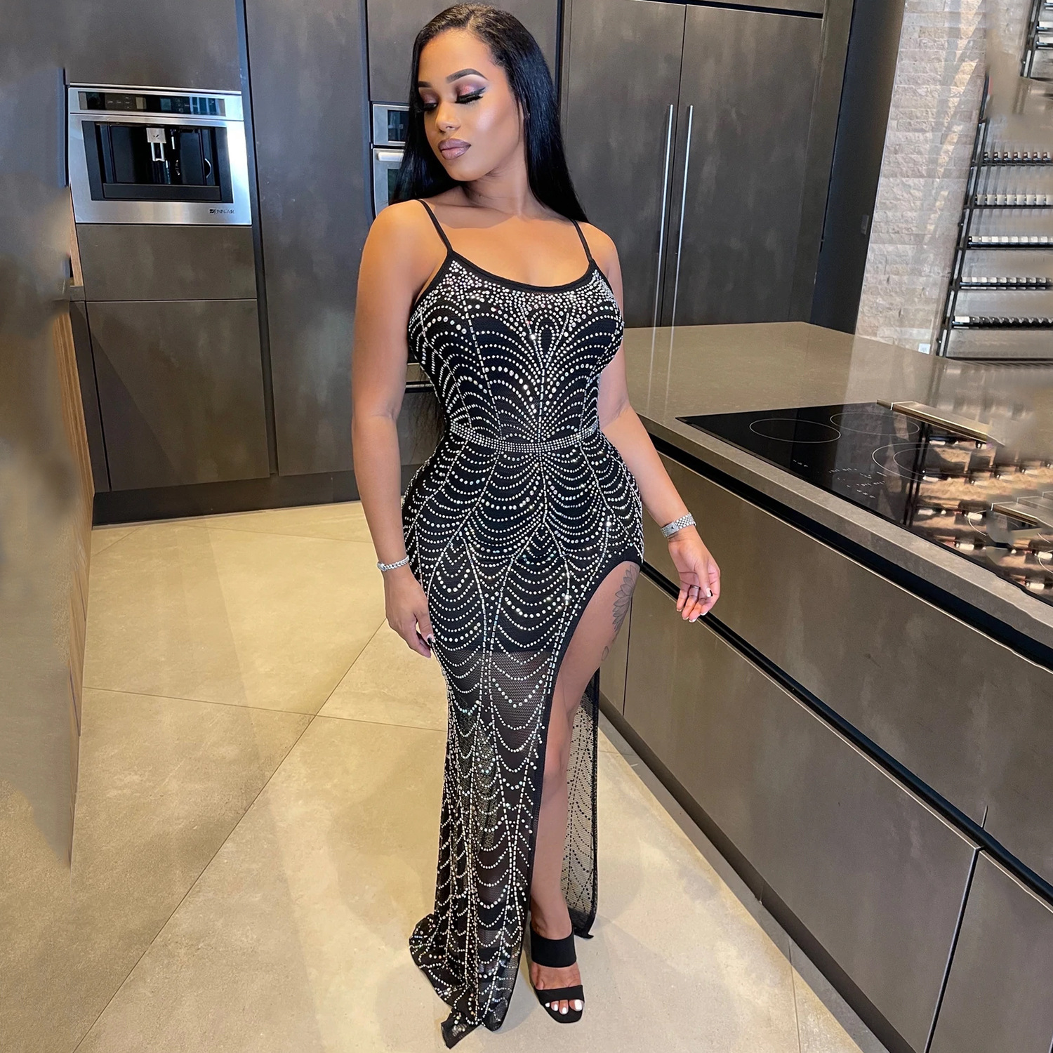 Rhinestone Sling Party Dress Back View