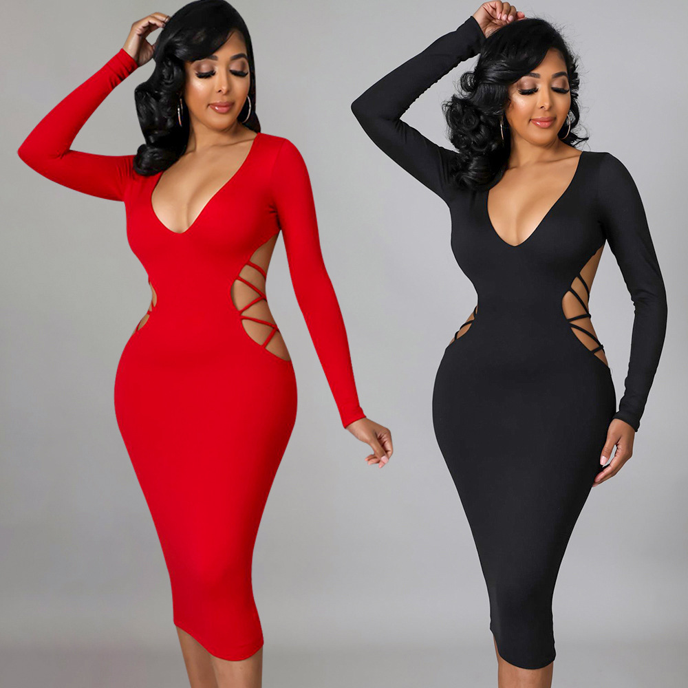 Hollow Out V-neck Dress Red