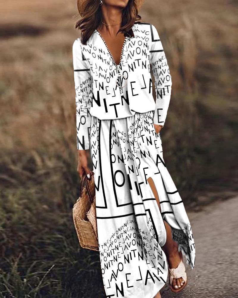 Women's Waist Zipper Letter Printing Dress - Front View