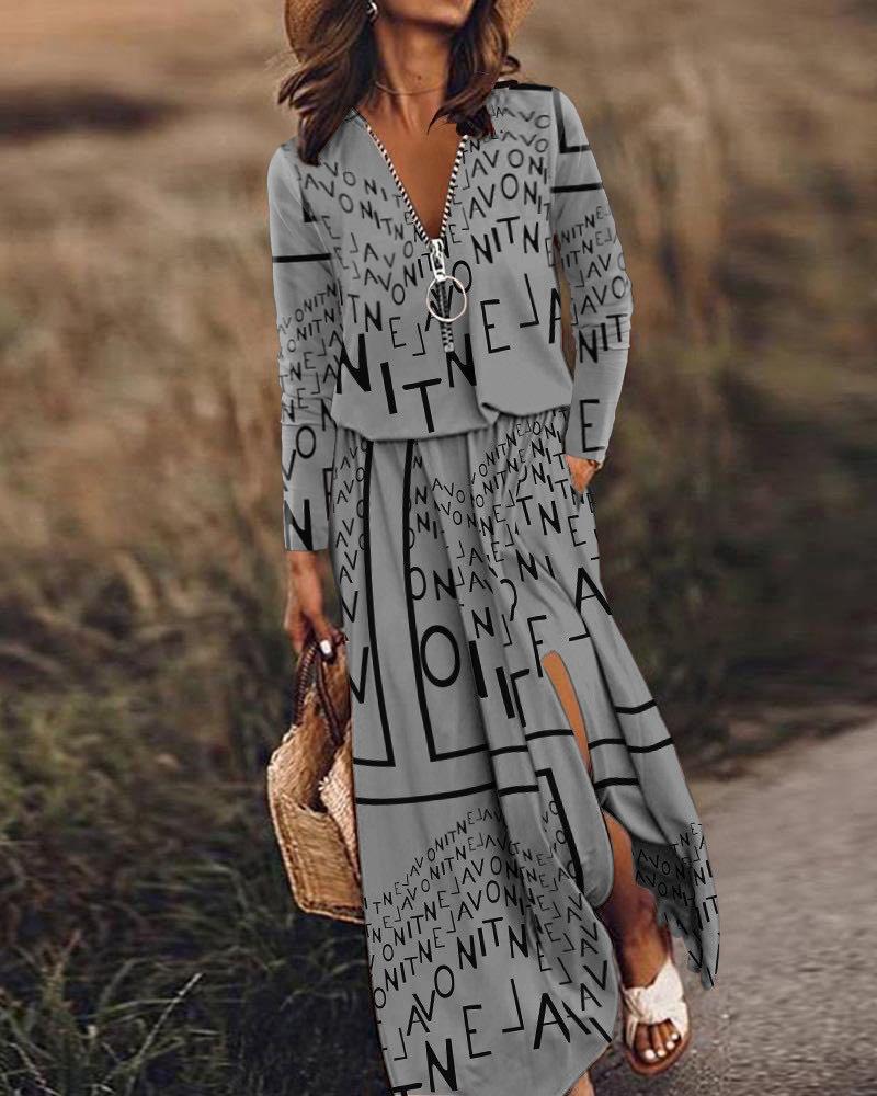 Women's Waist Zipper Letter Printing Dress - Detail