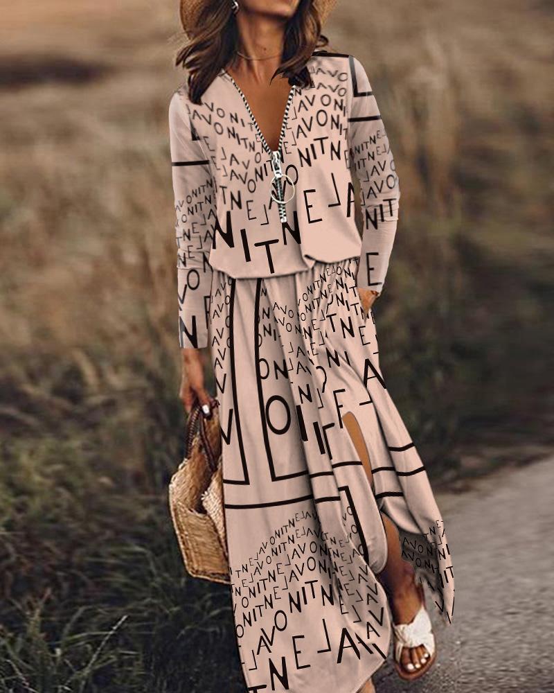 Women's Waist Zipper Letter Printing Dress - Style