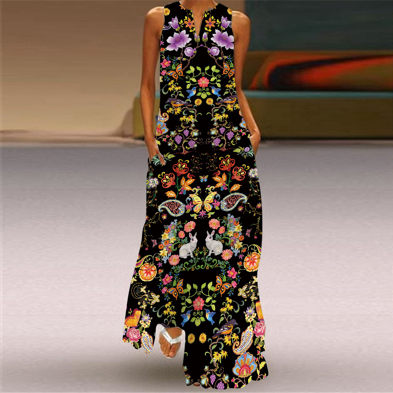 Printed V-neck Sleeveless Long Dress Image 3
