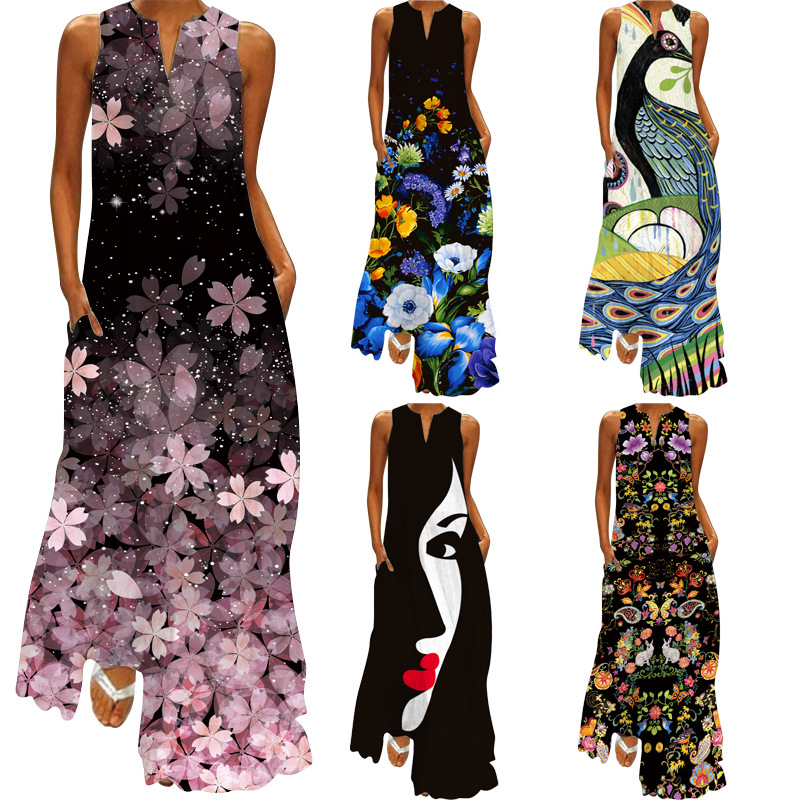 Printed V-neck Sleeveless Long Dress Image 4
