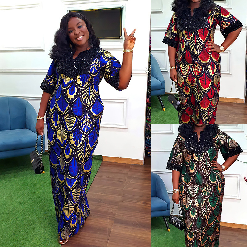 Plus Size Women's Satin Sequin Long Gown Dress Image 2