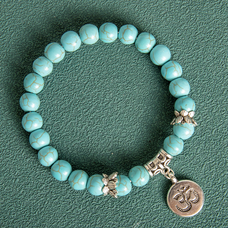 Men's 8MM Indian Agate Blue Grain Stone Lotus Letter Beaded Bracelet 1