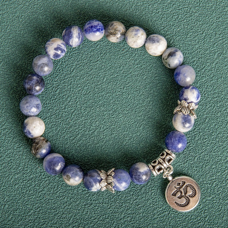Men's 8MM Indian Agate Blue Grain Stone Lotus Letter Beaded Bracelet 2