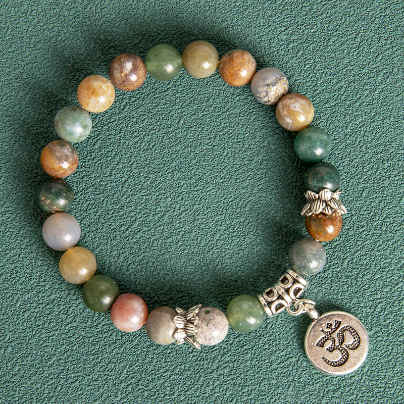 Men's 8MM Indian Agate Blue Grain Stone Lotus Letter Beaded Bracelet 3