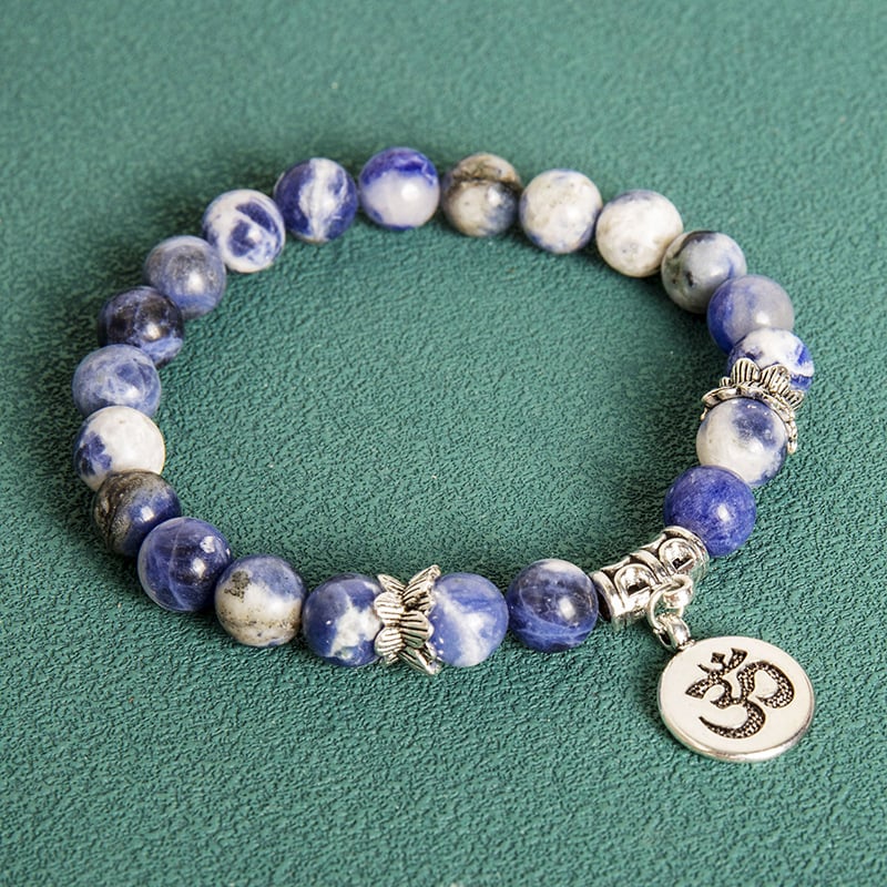 Men's 8MM Indian Agate Blue Grain Stone Lotus Letter Beaded Bracelet 5