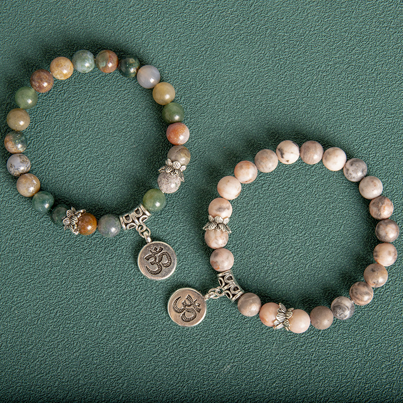 Men's 8MM Indian Agate Blue Grain Stone Lotus Letter Beaded Bracelet 6