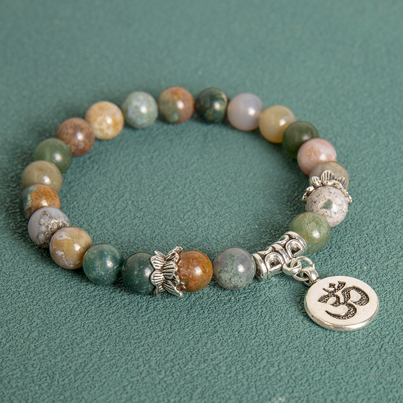 Men's 8MM Indian Agate Blue Grain Stone Lotus Letter Beaded Bracelet 8