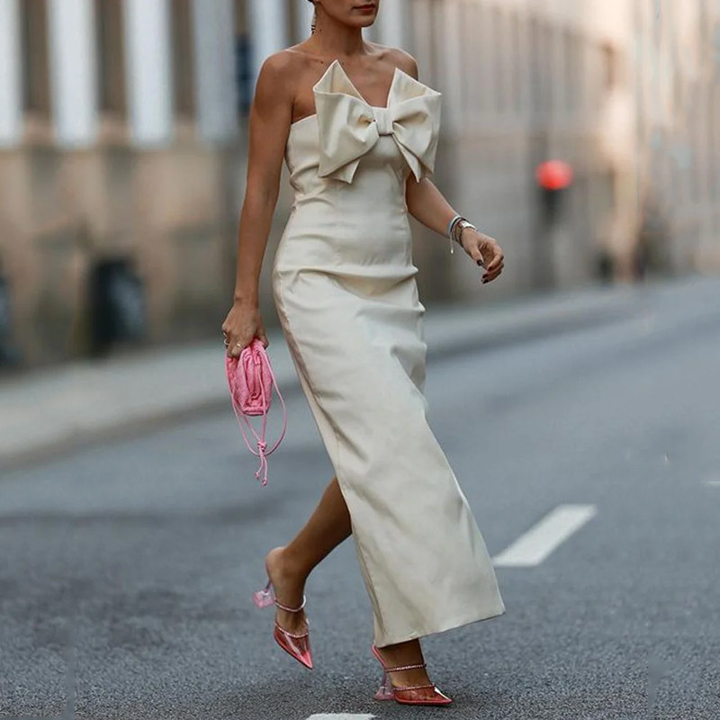 Stylish design of Bow Tube Top Low Slit Sheath Dress