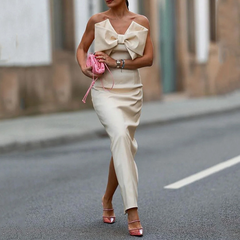 Back view of Bow Tube Top Low Slit Sheath Dress