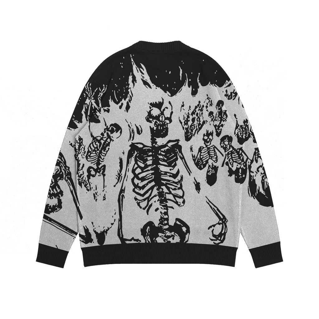 Jacquard Round Neck Flame Skull Sweater Image 2
