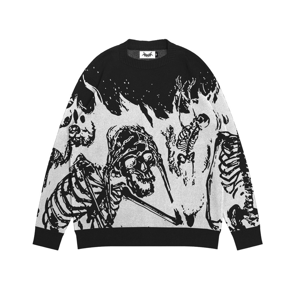 Jacquard Round Neck Flame Skull Sweater Image 5