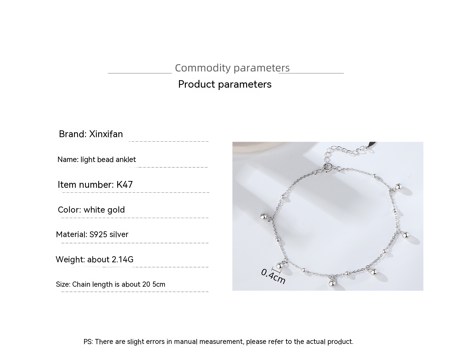 S925 Sterling Silver Round Beads Anklet