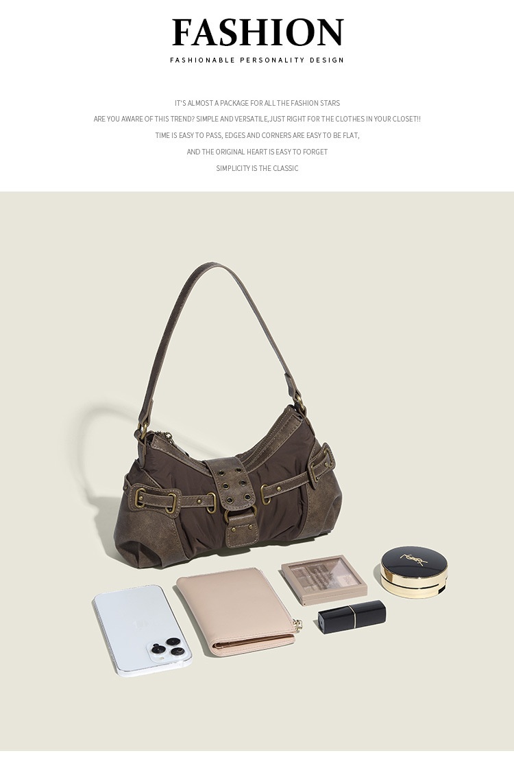 Retro New One-shoulder Portable Rivet Baguette Bag Image 3