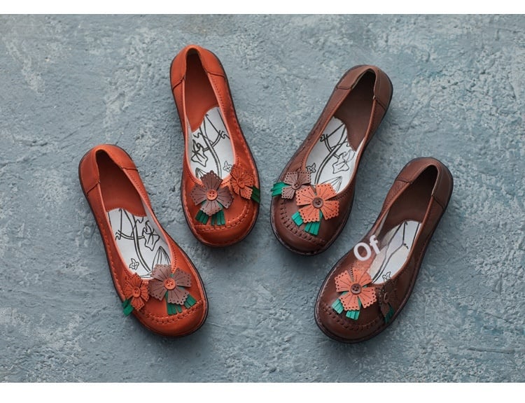 Ethnic Style Retro Handmade Cowhide Flower Soft Bottom Women's Shoes