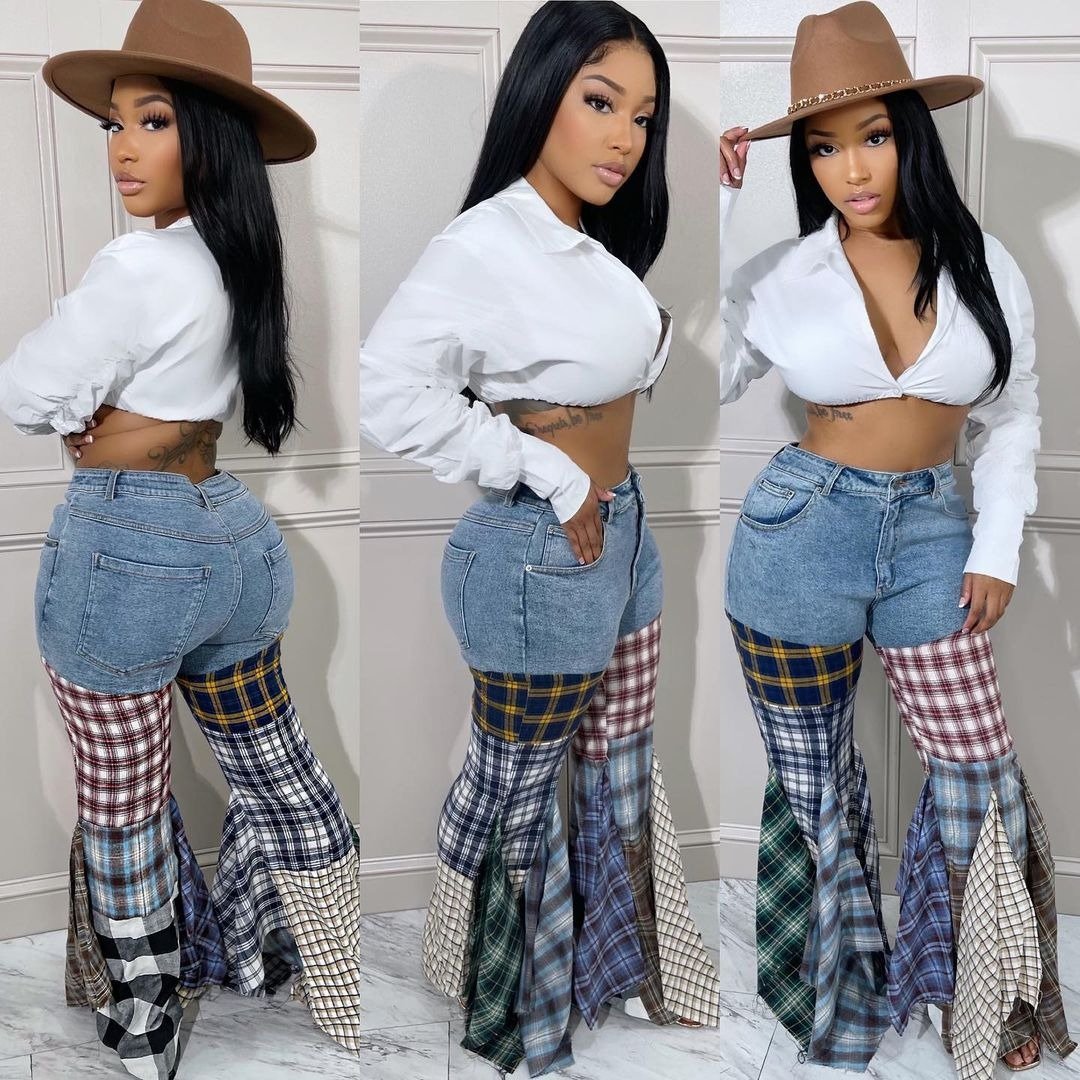 Denim Trousers with Houndstooth Stitch