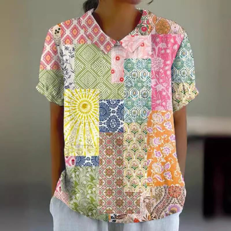Women’s Floral Stitching National Style Printing Lapel Short Sleeve